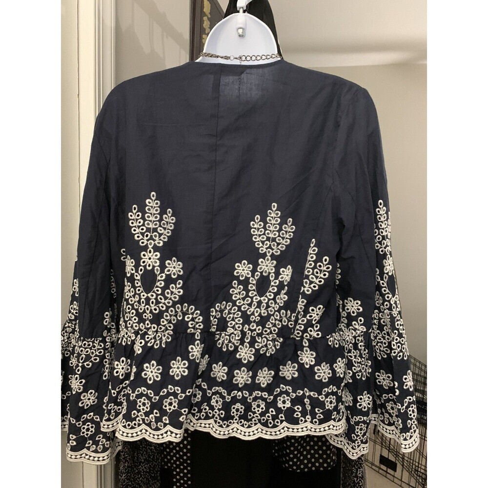 Zara Blue w/ White Embroidered Design Jacket Duster with Ruffles Size Small - Picture 2 of 4
